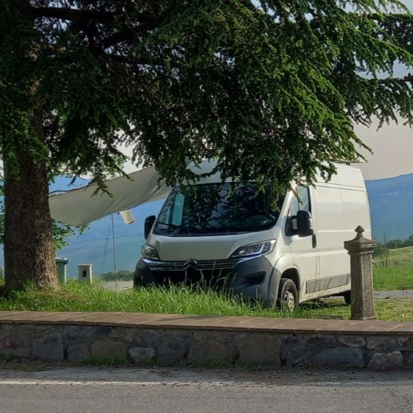 Saját átépítésű lakóautónk egy nagy fenyő alatt